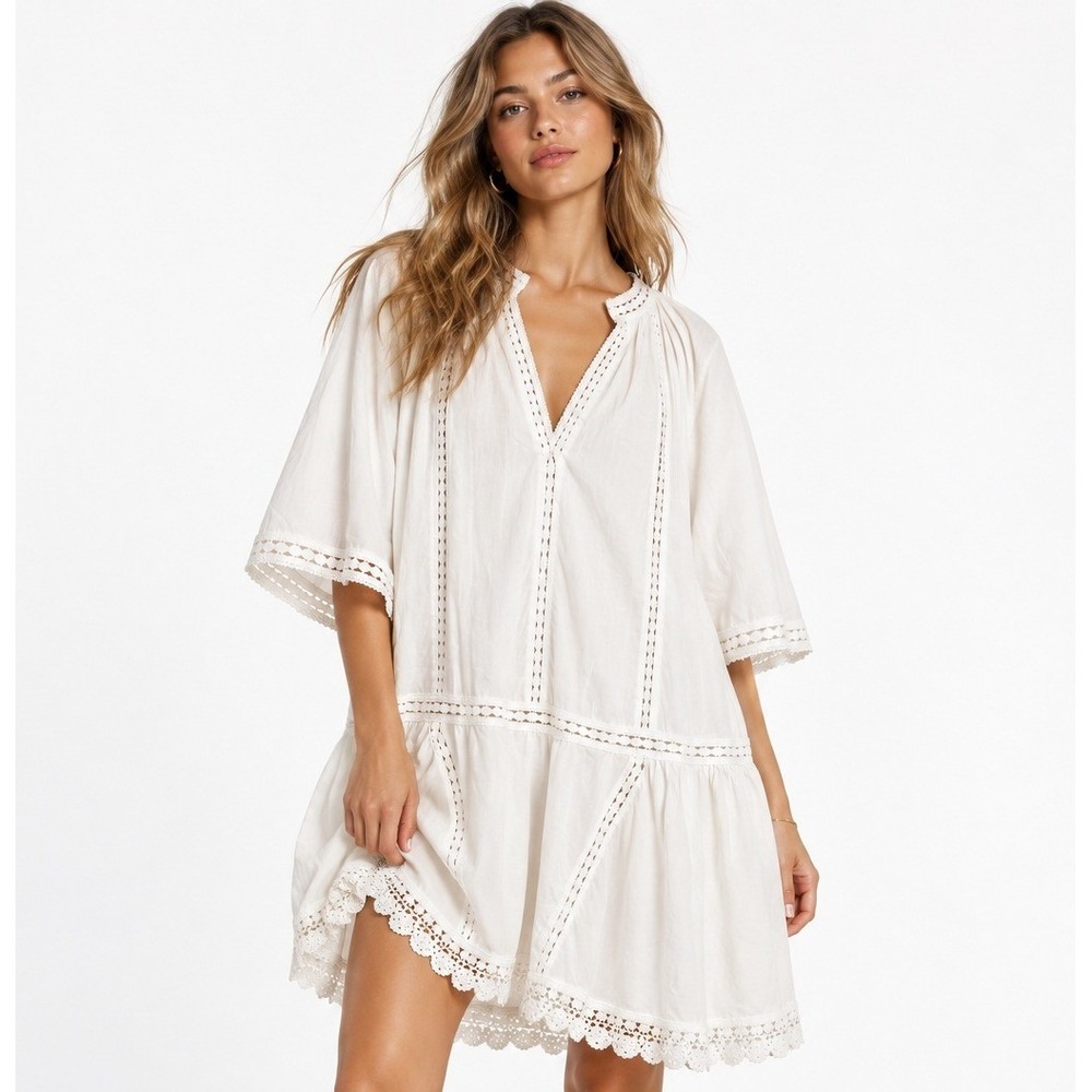 HM White Cotton Lace Inset Trim V-Neck Tiered Mini Dress Large NWT